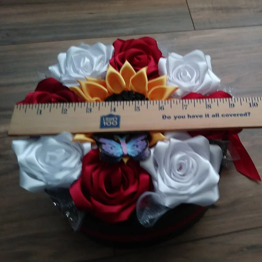 Satin Ribbon Eternity Roses Handmade Rose Box Floral Arrangement (Round BlackBox